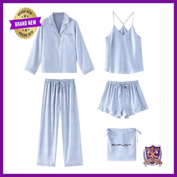 Silk Satin Pajama Set 5-Piece Women's Sleepwear Long Sleeve Pants Cami